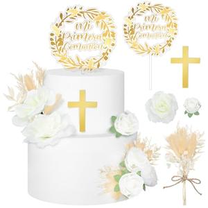 9 Pcs Mi Primera Comunion Cake Topper Gold Cross and Dried Flower Decor Set First Holy Communion Baptism Cake Pick Religious God Bless Baptism Cake Decoration for Celebration Milestones Decor