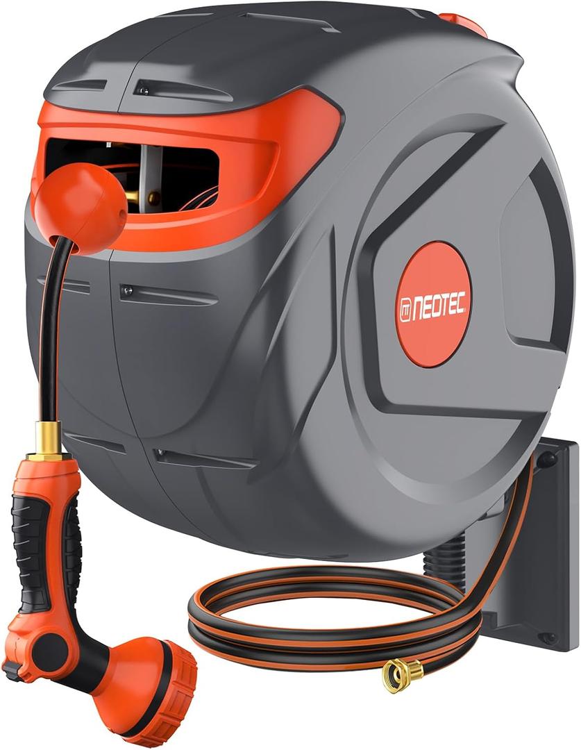 100FT Retractable Garden Hose Reel 1/2 Inch, Wall Mounted Heavy Duty Water Hose with Auto-Lock & 9-Pattern Nozzle, 180° Swivel, Slow Return System — UV Resistant Outdoor Storage