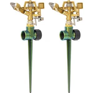 RESTMO 2 Pack Heavy Duty All-Metal Impact Sprinkler, Zinc Alloy Lawn Sprinkler Head on Sturdy Spike Base, 360 Adjustable Coverage Nozzle for Large Area Irrigation