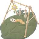 4-in-1 Wooden Baby Play Gym & Activity Mat, Soft Cotton Tummy Time Mat for Babies 0+,with 3 Detachable Toys for Sensory & Motor Skill Development,Newborn Infant Baby Essentials Gift,Leaf (Green)