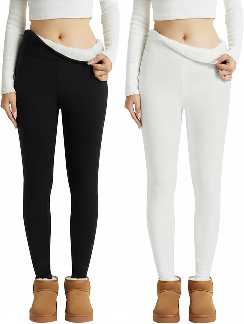 Coume 2 Pcs Fleece Lined Leggings for Women Soft High Waisted Thermal Workout Yoga Pants Women Warm Winter Thick Leggings (Small, Black, White)
