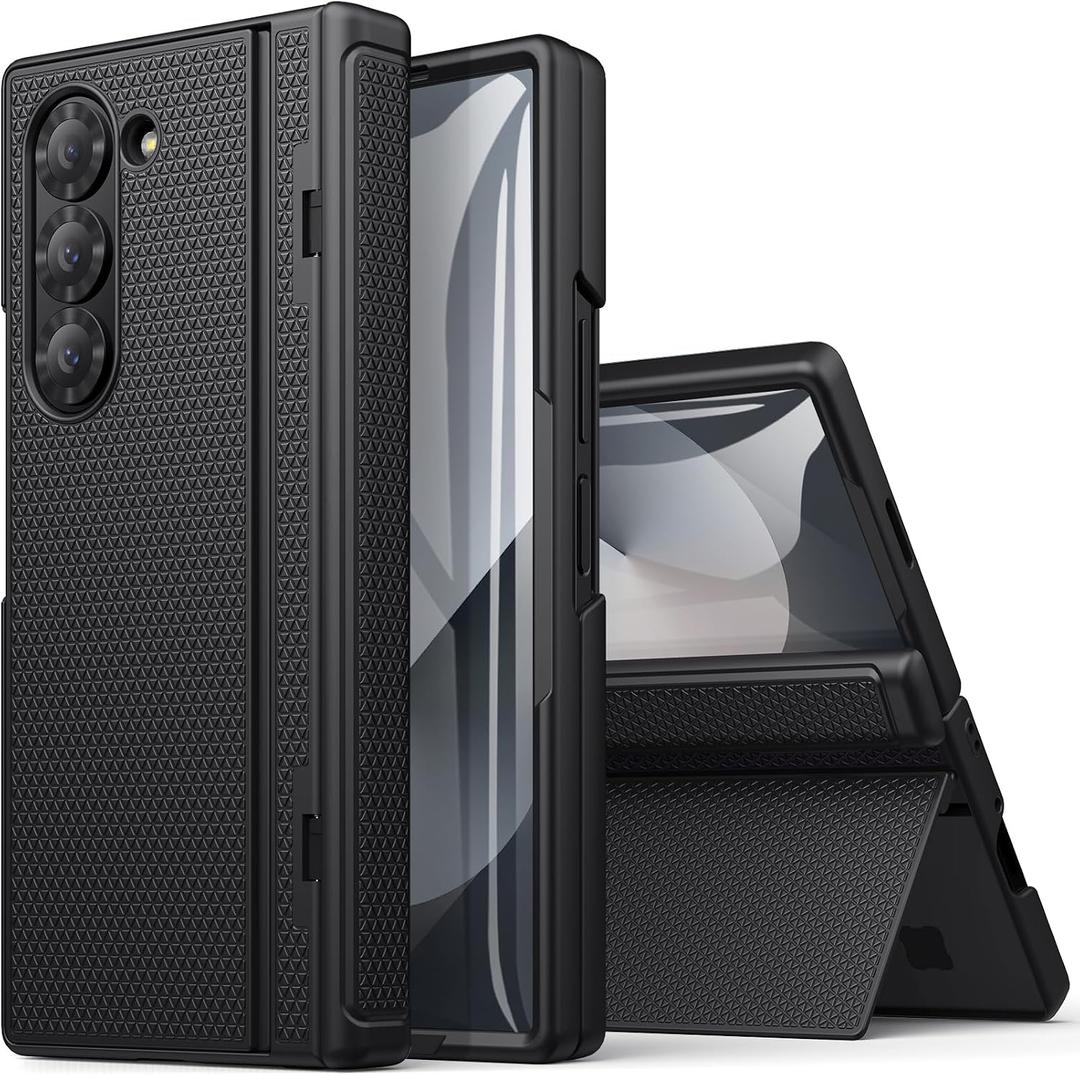 BXYJY for Samsung Galaxy Z Fold 6 Case with Kickstand & Front Screen Protector & Hinge Protection, Slim Fit Rugged Hard 360 Full Body Cover Protective Phone Case for Samsung Z Fold 6 5g 2024, Black