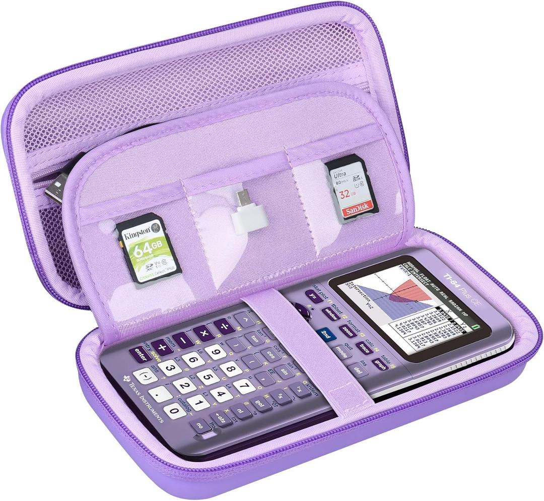 BOVKE Hard Calculator Case for Texas Instruments TI-84 Plus CE Color Graphing Calculator/TI-84 Plus/TI-83 Plus CE, Extra Zipped Pocket for USB Cables, Charger, Manual and More, Purple