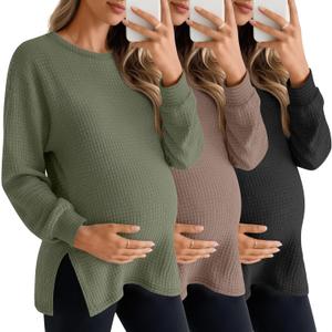 3 Pack Women's Maternity Shirts Long Sleeve Waffle Knit Side Split Oversized Tops Pregnancy Clothes Fall Tees (Army Green, Coffee, Black, Small)