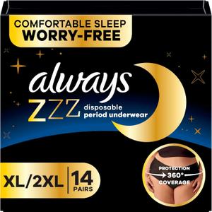 Always ZZZ Overnight Disposable Period Underwear for Women Extra Large/2LX, 360 Coverage for Worry-Free Nights, 14 Count (2 Packs of 7)