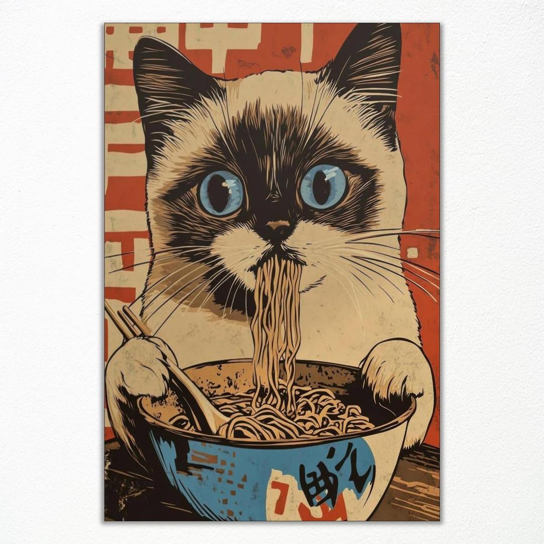 Nanxiwofee Vintage Japanese Cat Canvas Wall Art, Kawaii Cat Eating Noodles Poster, Cool Funny Animal Food Art Print, Asian Inspired Kitchen Wall Decor, Noodle And Pet Lover Gift 16x24in Unframed