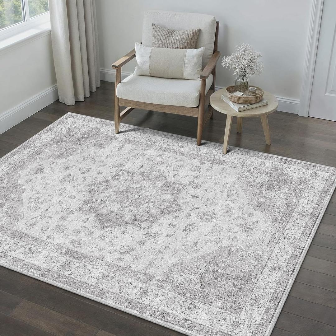PureCozy Grey Gray Area Rug 4x6 Washable Vintage Carpet for Office Living Room Soft Retro Low Pile Thin Indoor Rug Non Slip Oriental Medallion Floor Cover for Bedroom Kitchen Dining Room