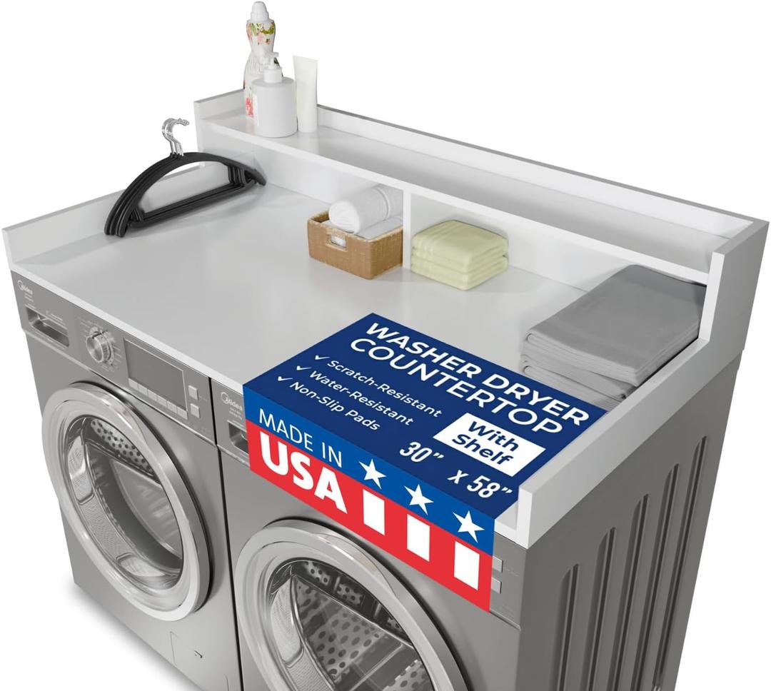 OfficeSimpli Large Washer Dryer Countertop with Shelf - 30 x 58 Inch - Made in USA Laundry Countertop Over Washer and Dryer with Non-Slip Pads, Storage Shelf, Laundry Topper Organizer, Gracier White