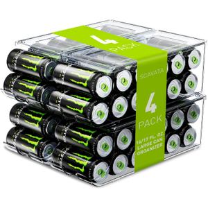 4 Pack Tall Skinny Can Organizer for Refrigerator, Stackable Large Soda Cans of 16oz & 17oz Beverage Energy Drink Container Holder Dispenser with Lid for Fridge, Clear Storage Plastic Bins (Transparent)