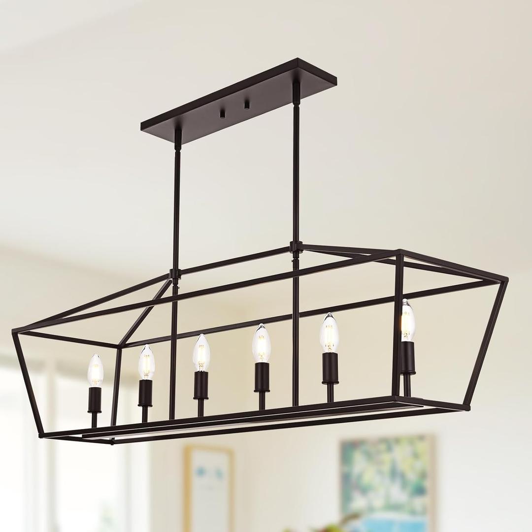 6-Light Kitchen Island Lighting, Farmhouse Dining Room Rectangle Chandelier, Hanging Pendant Light Fixture Over Table for Living Room, Oil Rubbed Bronze & E12 Bulb Base