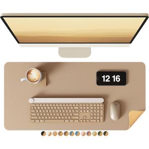 YSAGi Double-Sided Desk Pad, Leather Desk Mat, Eco Cork Desk Pad Protector, Large Mouse Pad for Desk, Waterproof Desk Blotter Pad, Writing Pad for Office/Home(23.6"x13.7", Apricot)