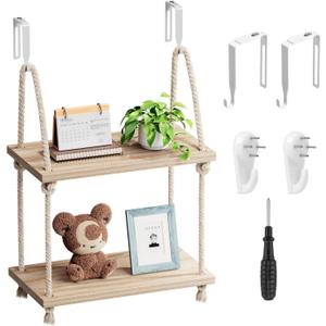 2 Tier Cubicle Shelf for Walls, 11.8" Wooden Hanging Wall Shelf with Hooks & Cotton Rope, Boho Style Office Cubicle Accessories for Work, Desk Wall Storage Organizer for Office Decor
