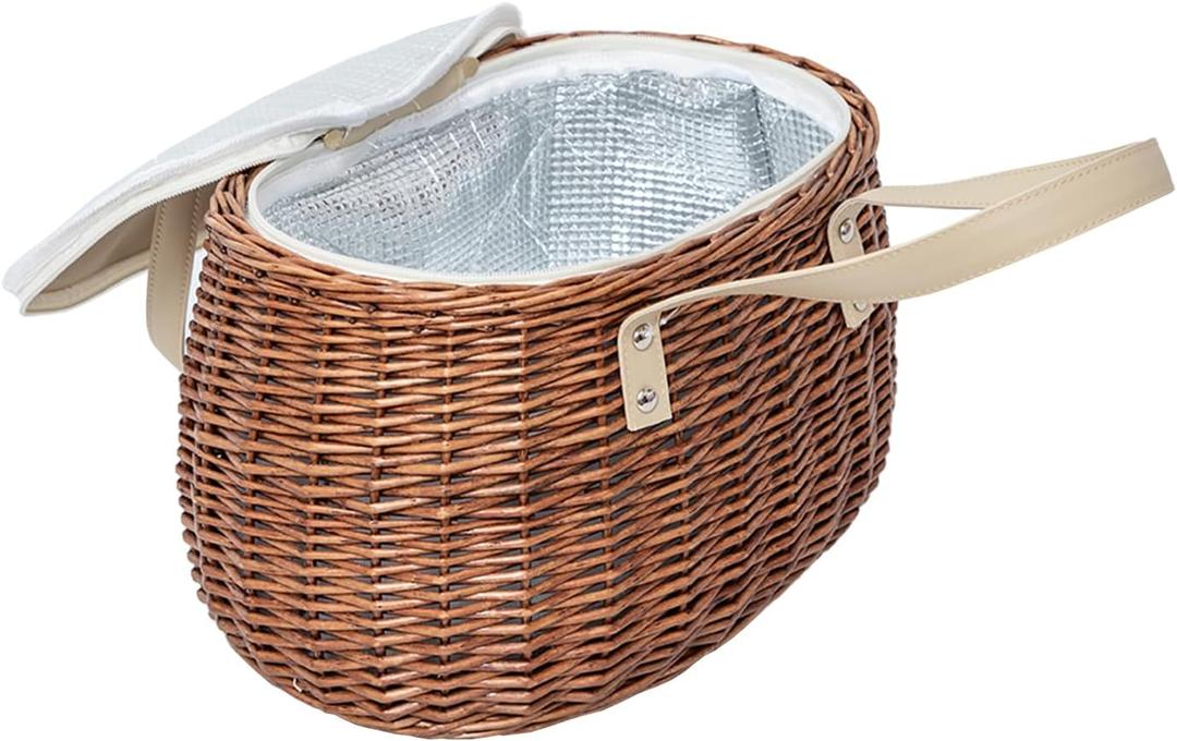 Wicker Insulated Picnic Basket, Natural Willow Hamper Empty Basket with Insulated Cooler Bag and Lid for Camping Outdoor Easter