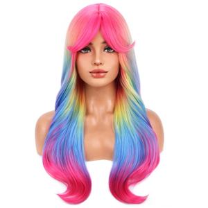 BERON Rainbow Wig Long Wavy Wig with Bangs Synthetic Wigs Long Colorful Wigs for Daily Party Hairnet Include