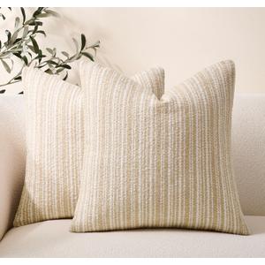 Throw Pillow Covers Set of 2 20x20 Inch Textured Boucle Pillow Covers, Soft Stripe Chenille Decorative Beige Covers for Couch Sofa Bed Living Room, Neutral Farmhouse Covers, Home Boho Decor
