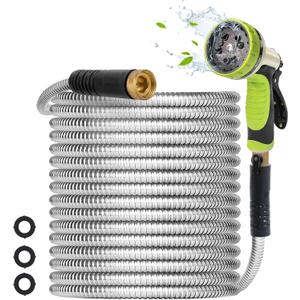 Metal Garden Hose 25FT - Heavy Duty Stainless Steel 3/4" Water Hose With 10 Function Nozzle, Lightweight, No Kink, Durable and Leak Proof Flexible Garden Hose for Yard, Outdoor