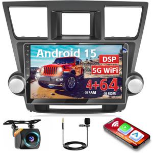 DSP [4+64G] Android 15 Car Stereo for Toyota Highlander 2008-2014 with Wireless Carplay Android Auto, Hikity 10'' Touchscreen Radio Bluetooth Mirror Link GPS WiFi SWC AI/FM/RDS/32EQ Backup Cam+Mic