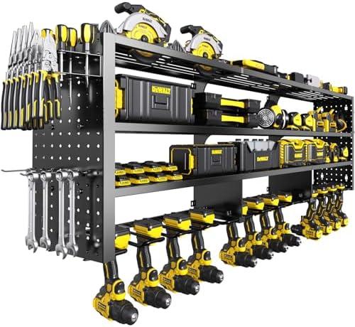 RacKeaLsi 49" W Large Power Tool Organizer Wall Mount, 4 Layer Heavy Duty Metal Tool Storage Rack with 12 Drills Holder, Utility Racks for Garage Workshop, Ideal Garage Organization
