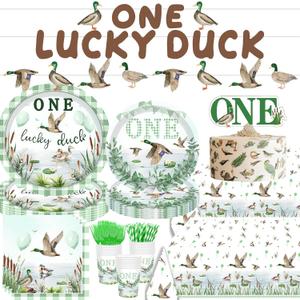 Mallard Duck 1st Birthday Decorations, One Lucky Duck Paper Plates 9'' and 7'', Napkins, Cups, 2Pcs Tablecloths, Banner, Cake Topper Duck Hunting Party Supplies Serves 24
