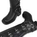 7 x Athlefit Women's Knee High Riding Boots Fashion Buckle Square Toe Chunky Heel Wide Calf Biker Boots (Black)