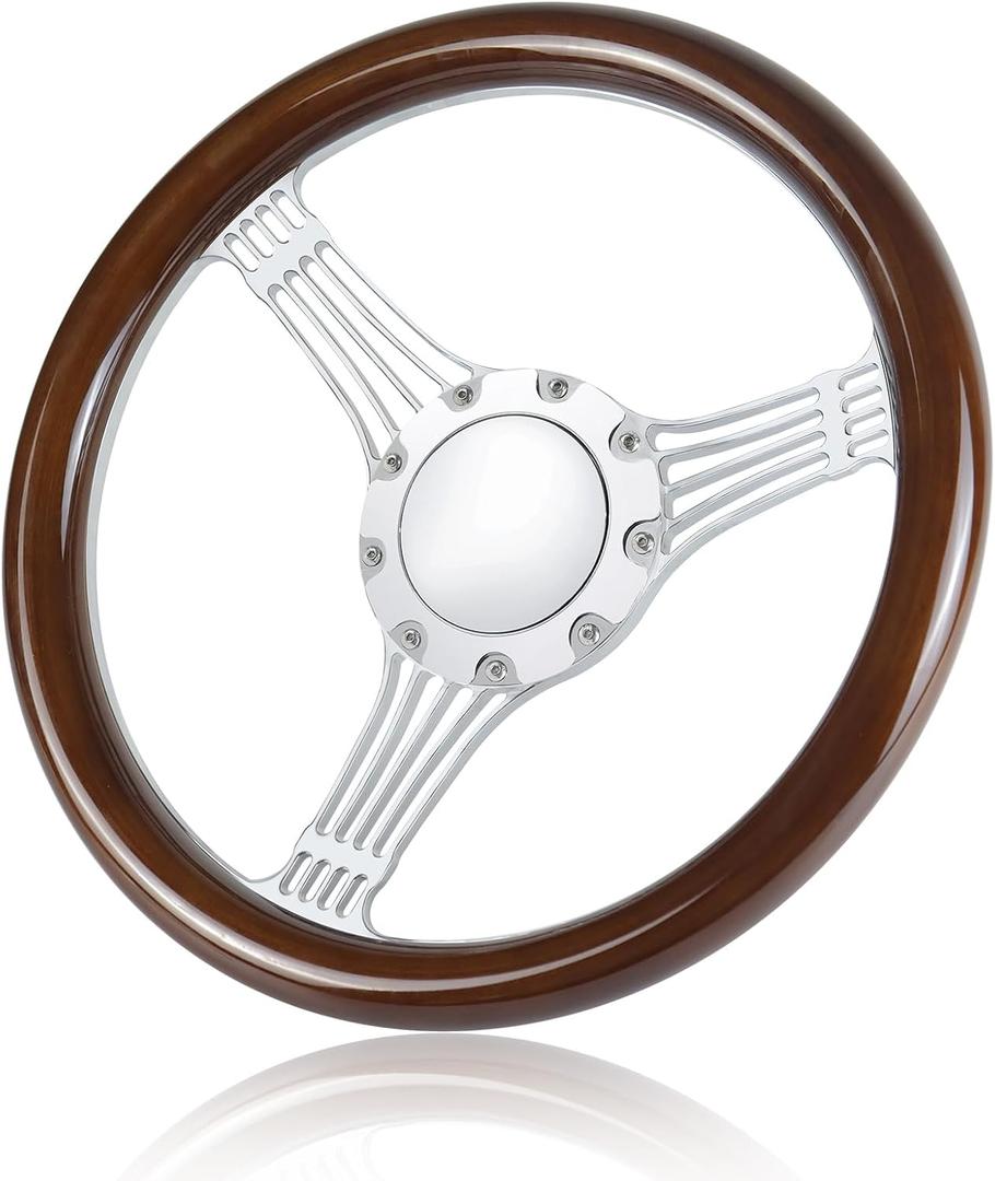 9 bolt disc shaped steering wheel, 14 inch wooden steering wheel, suitable for most nine hole car wooden steering wheels (Silver)
