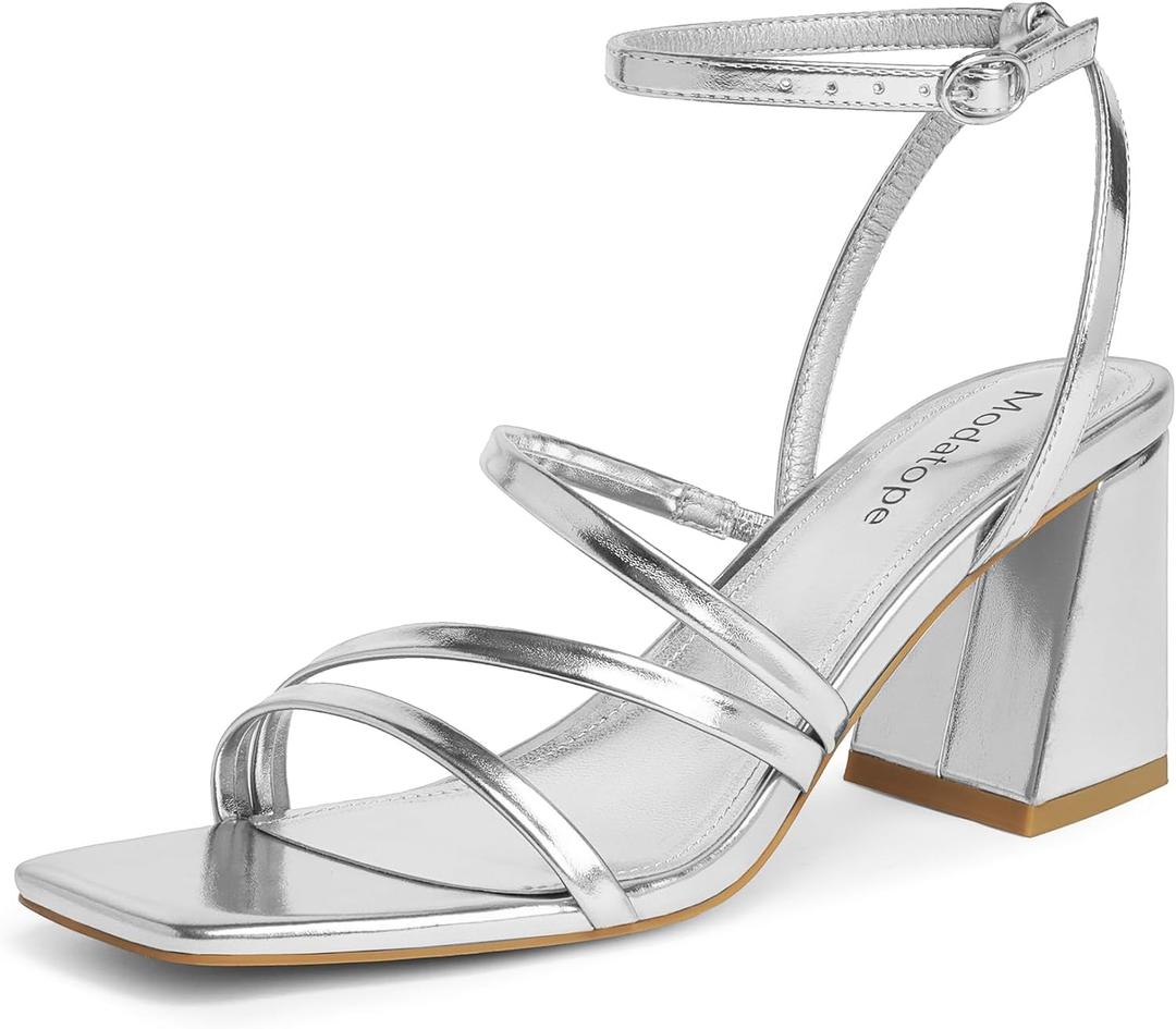 Modatope Women Heeled Sandals Strappy Heels Square Open Toe Chunky Block Heels Ankle Strap Sandals for Women Comfortable Heels (9, Silver)
