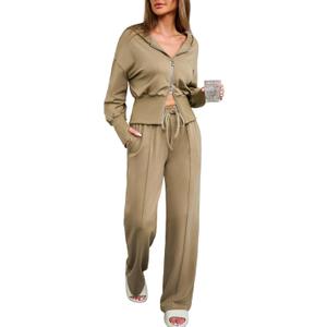 Herseas 2 Piece Activewear Sets for Women Y2K Hoodie Crop Top Long Sleeve Zip Up with Jogging Pants 2024 Matching Suit Going Out Sets Beige X-Large 16 18, Khaki