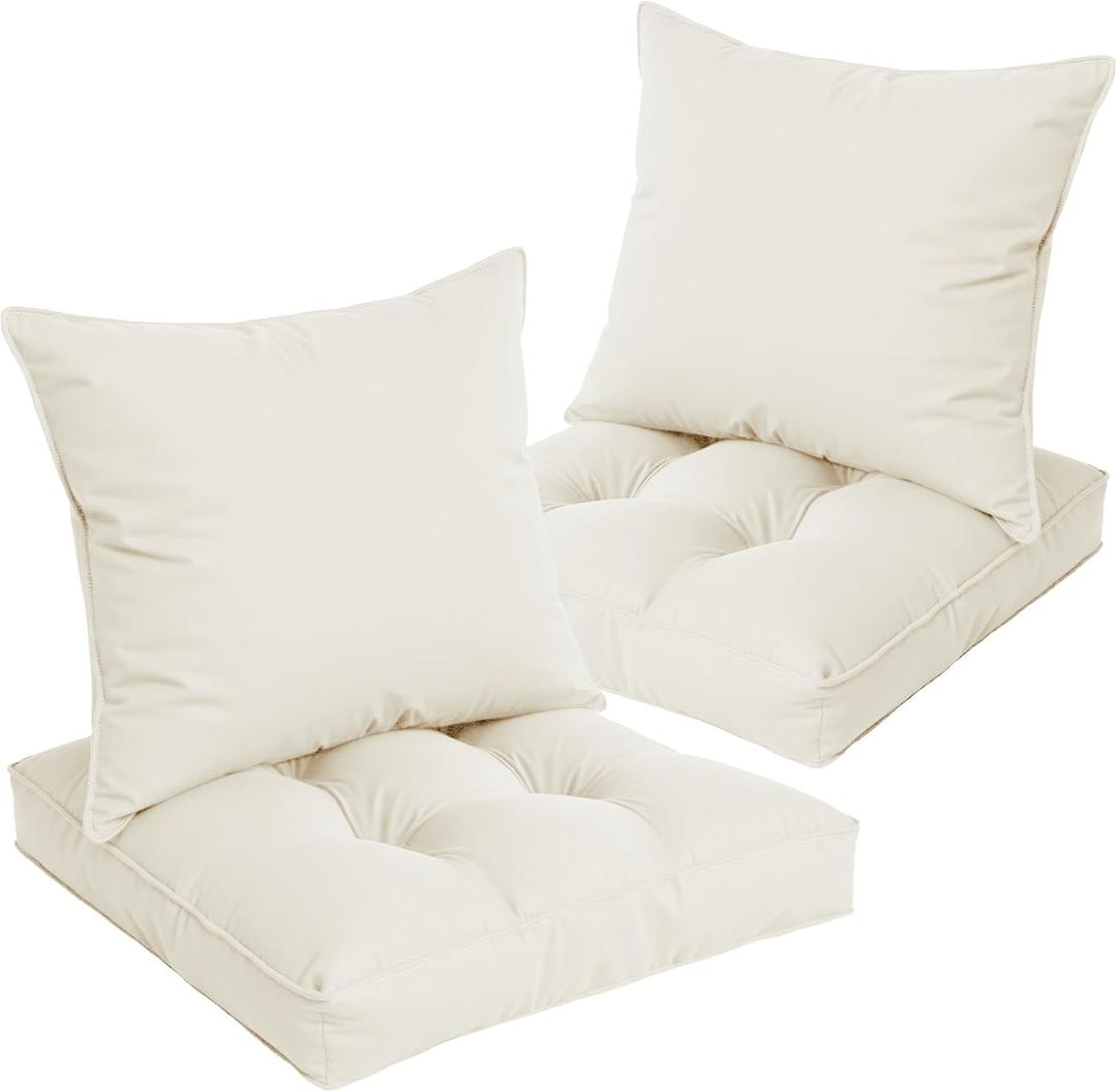 Waterproof Outdoor Chair Cushions Set of 2, Patio Cushions for Outdoor Furniture Water-Resistant & Fade-Resistant, Deep Seat & Back Cushion for Chair Sofa, 22x22 Inch (Cream)