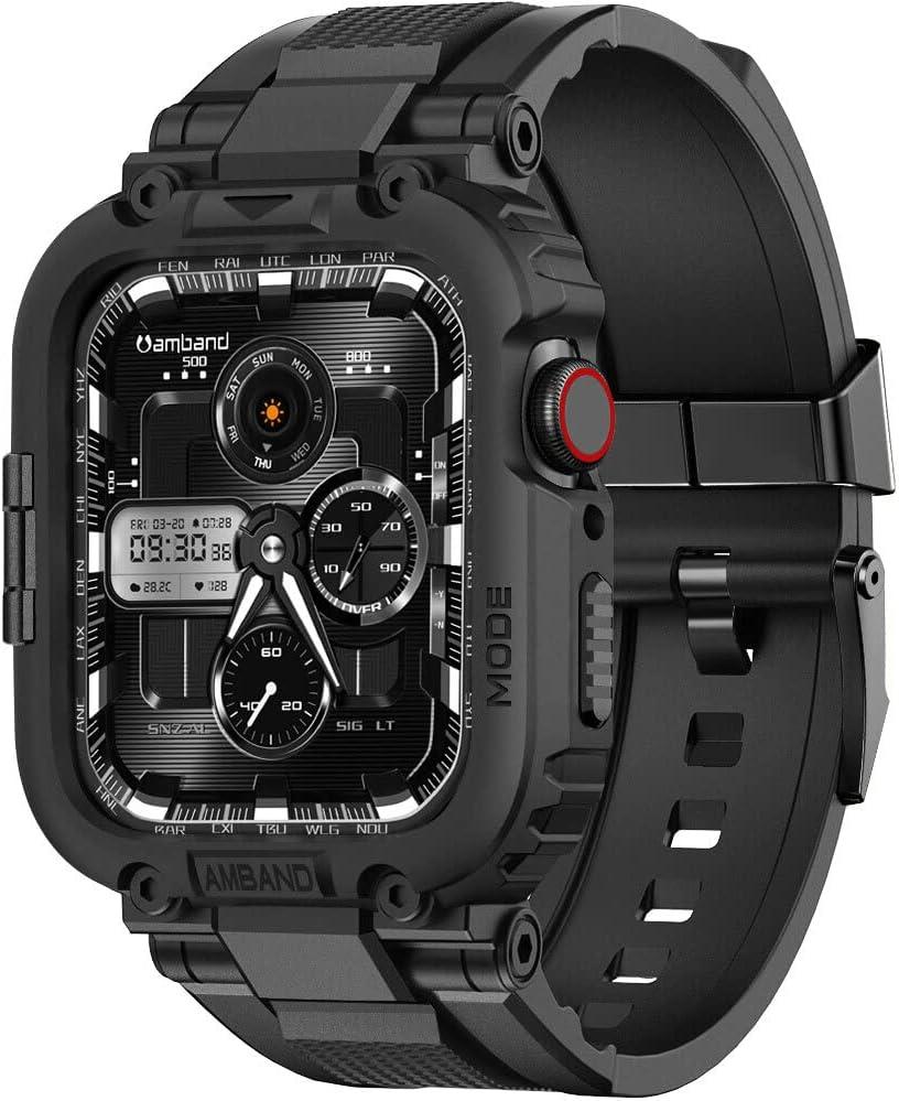 amBand Bands Compatible with Apple Watch 9/8/7/6/5/4 & SE 3/2/1 45mm/44mm Case for Men, M1 Sport Series Rugged Case Protective Cover for iWatch SE3/SE2/6/SE/5/4 44/45 mm Men Black