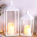 2pcs Wedding Lanterns Decorative with LED Flameless Candle - White Vintage Farmhouse Metal Decorative Candle Lanterns for Wedding, Fireplace, Table Centerpiece, Indoor, Room, Valentine Decor (15 and 11in)