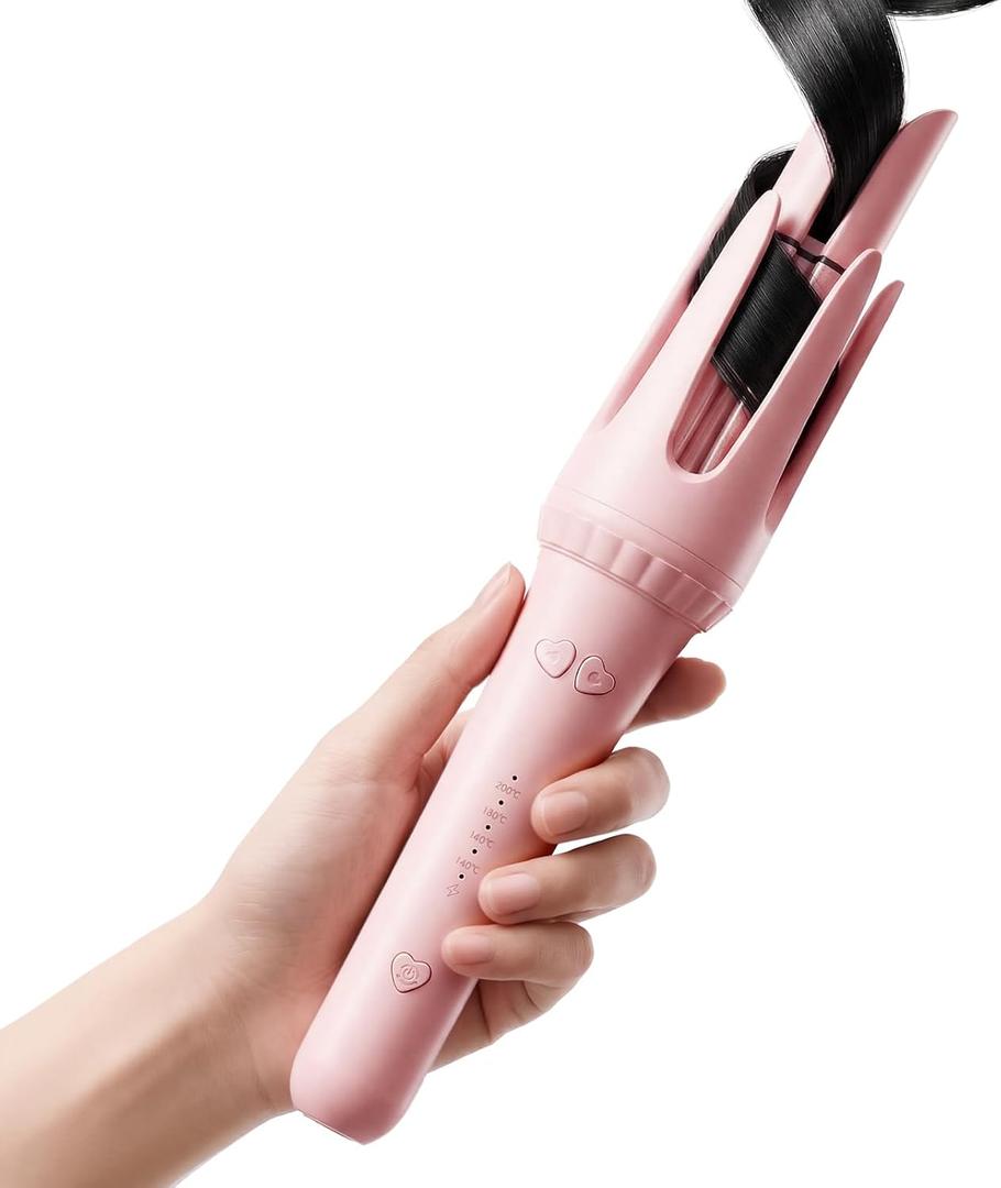 Auto Curling Iron 1.25 Inch, Rotating Hair Curler for Beach Waves, AutomaticHair Curler with Anti-Scald & Anti-Tangle, Ceramic Curling Wand for Long Hair, Dual Voltage, Pink
