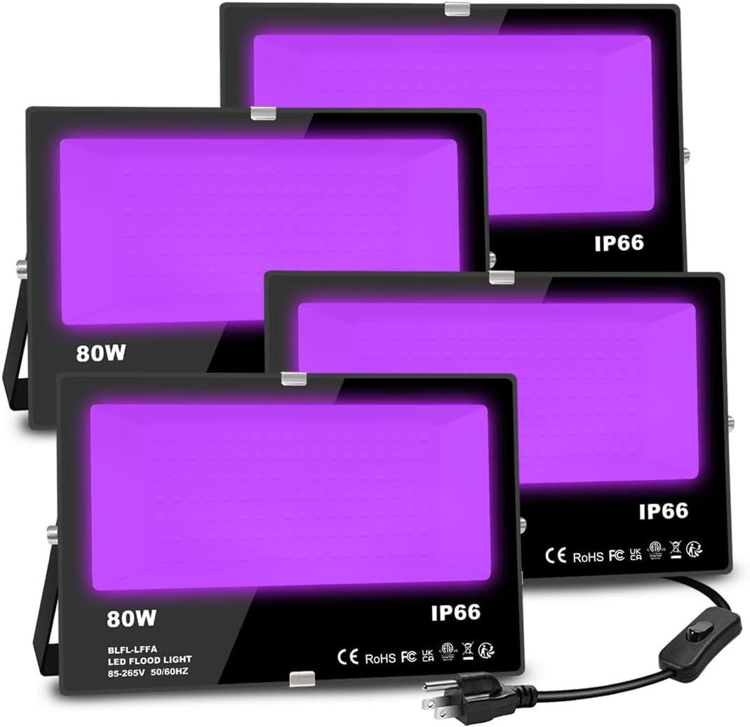 MELPO Black Light 80W Blacklight Flood Light Outdoor for Glow Party, Halloween Decoration, Body Paint, Fluorescent Poster, Stage LightingNeon Glow, IP66, US-Plug-Switch-5.9Ft Cord (Pack of 4)