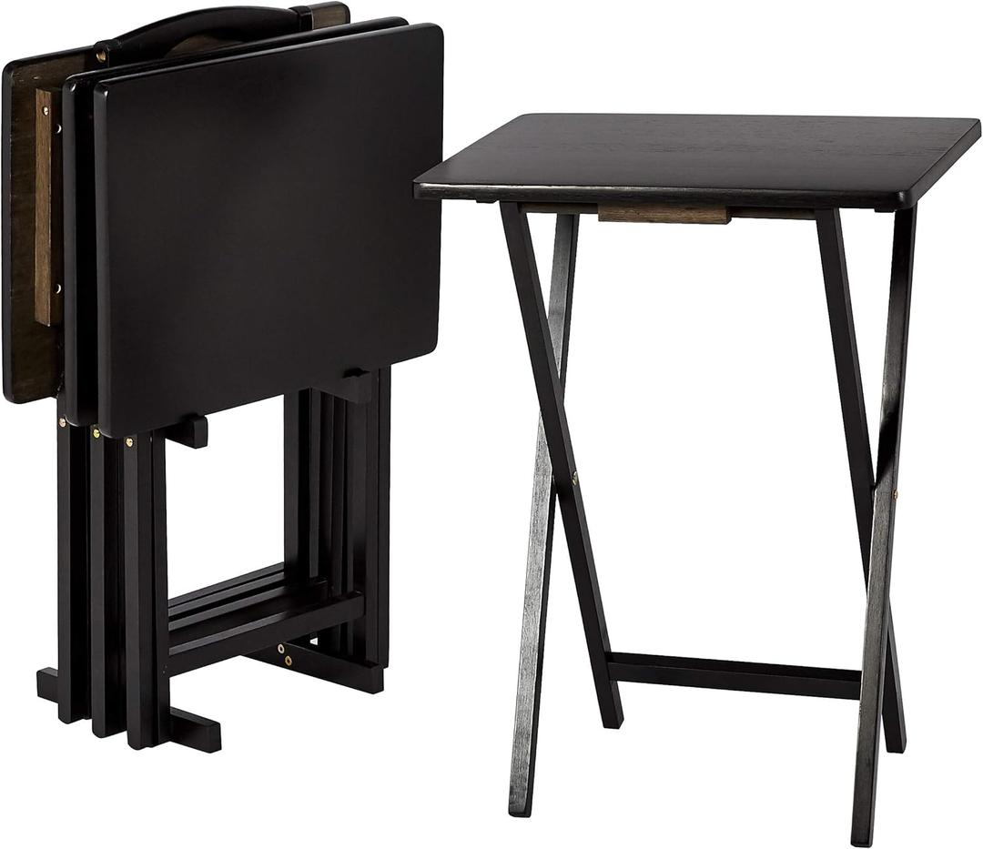 Amazon Basics Portable Foldable TV Tray Table with Storage Rack, Space-Saving Design, 15" x 19" x 26", Black, 4-Pack