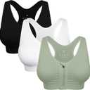 Women's Zip Front Sports Bra Wireless Post-Surgery Bra Active Yoga Sports Bras (Medium, 3 Pack(black+white+green))