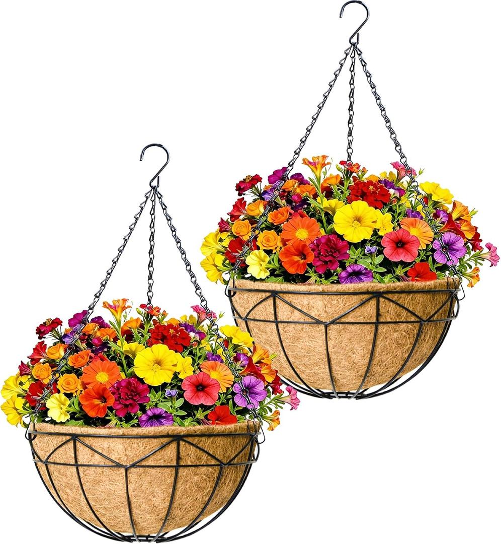 2 Pack 12" Round Metal Hanging Basket for Outdoor Plants Durable Large Hanging Planter with Coco Coir Round Plant Holders Planter for Outside Garden Decoration (Geometric)