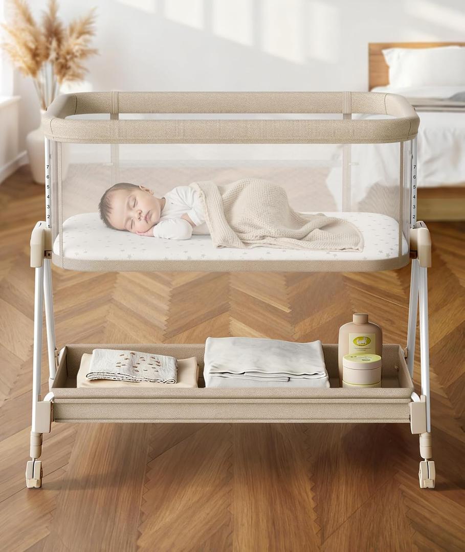 Fodoss Baby Bassinets Bedside Sleeper - Bed Side Bassinet Newborn with Wheels, Storage Tray, 4-Sided Mesh, 7 Height Adjustable, Beige, Crib