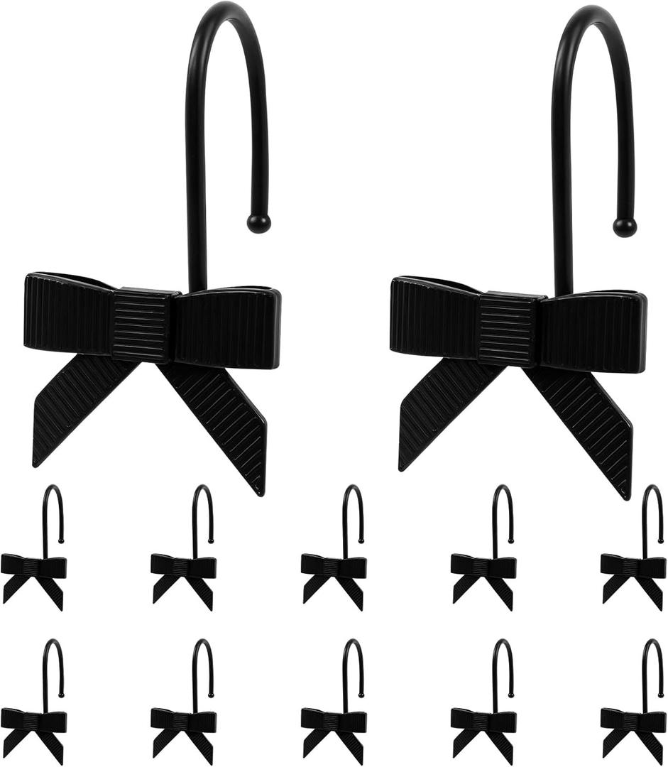 12pcs Black Bow Shower Curtain Hooks Decorative Smooth Sliding Shower Curtain Rings Hangers Cute Black Bow Bathroom Decor for Bathroom Nursery Art Decors Girl Room