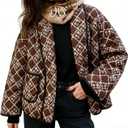 Womens Cropped Quilted Jacket Puffer Lightweight Floral Print Oversized Long Sleeve Packable Down Coat (Medium, Brown)