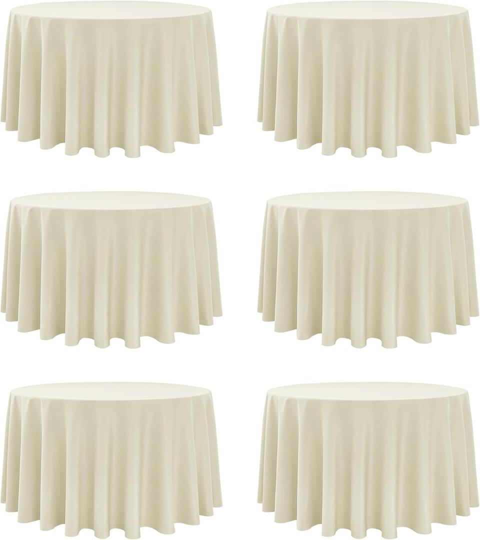 6-Pack Ivory Round Tablecloths, 120 Inches, Stain-Resistant Polyester for 5-6 Ft Round Tables - Washable Table Covers for Weddings, Banquets, Birthday Parties, Events