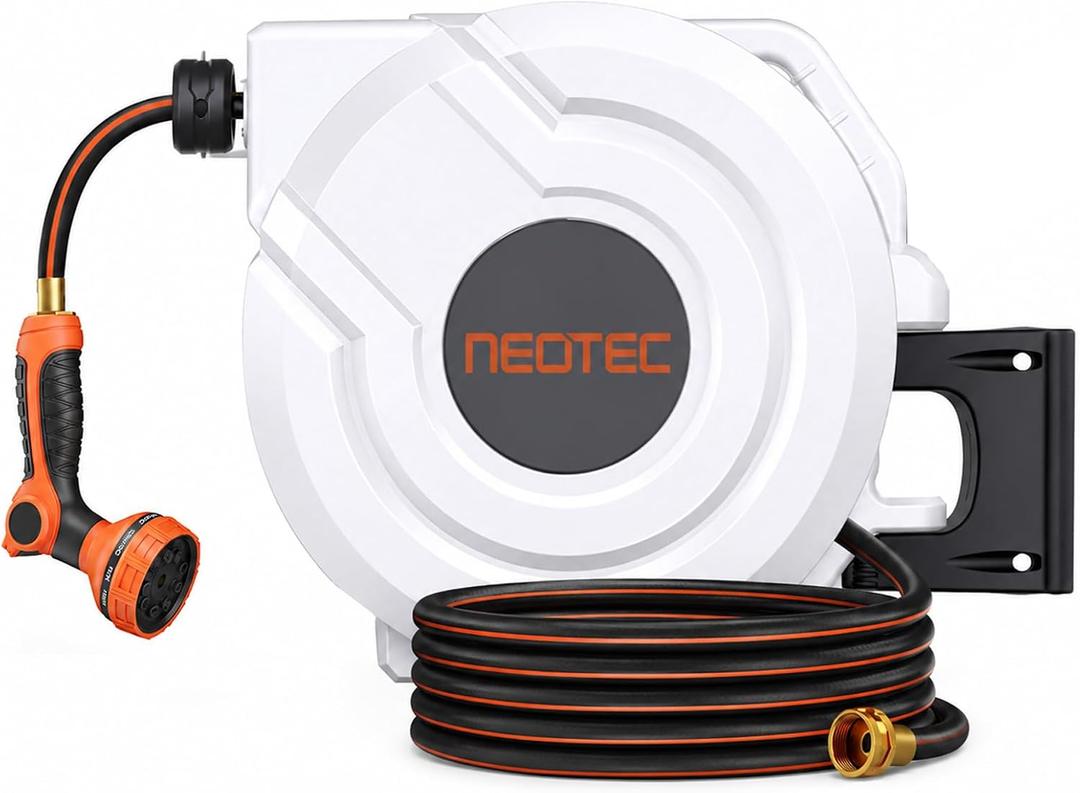 NEO-TEC 100ft 5/8 Inch Retractable Garden Hose Reel with Any-Length Lock Slow Auto Rewind Heavy Duty Hose Reel With 9-Pattern Nozzle 180° Swivel Bracket UV Resistant Wall Mounted Hose Reel for Outside
