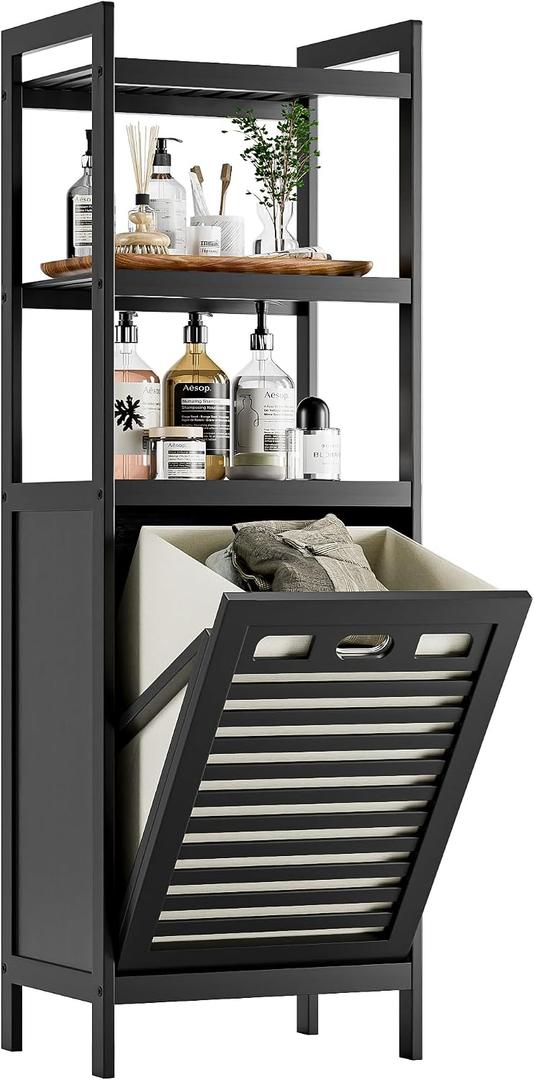 HITNET Tilt Out Laundry Hamper, Bamboo Bathroom Cabinet with Pull Out Removable Bag and 3 Tier Storage Shelves, 10 Gal Clothes Basket with Metal Handle, Black, 40 cm x 119 cm x 30 cm