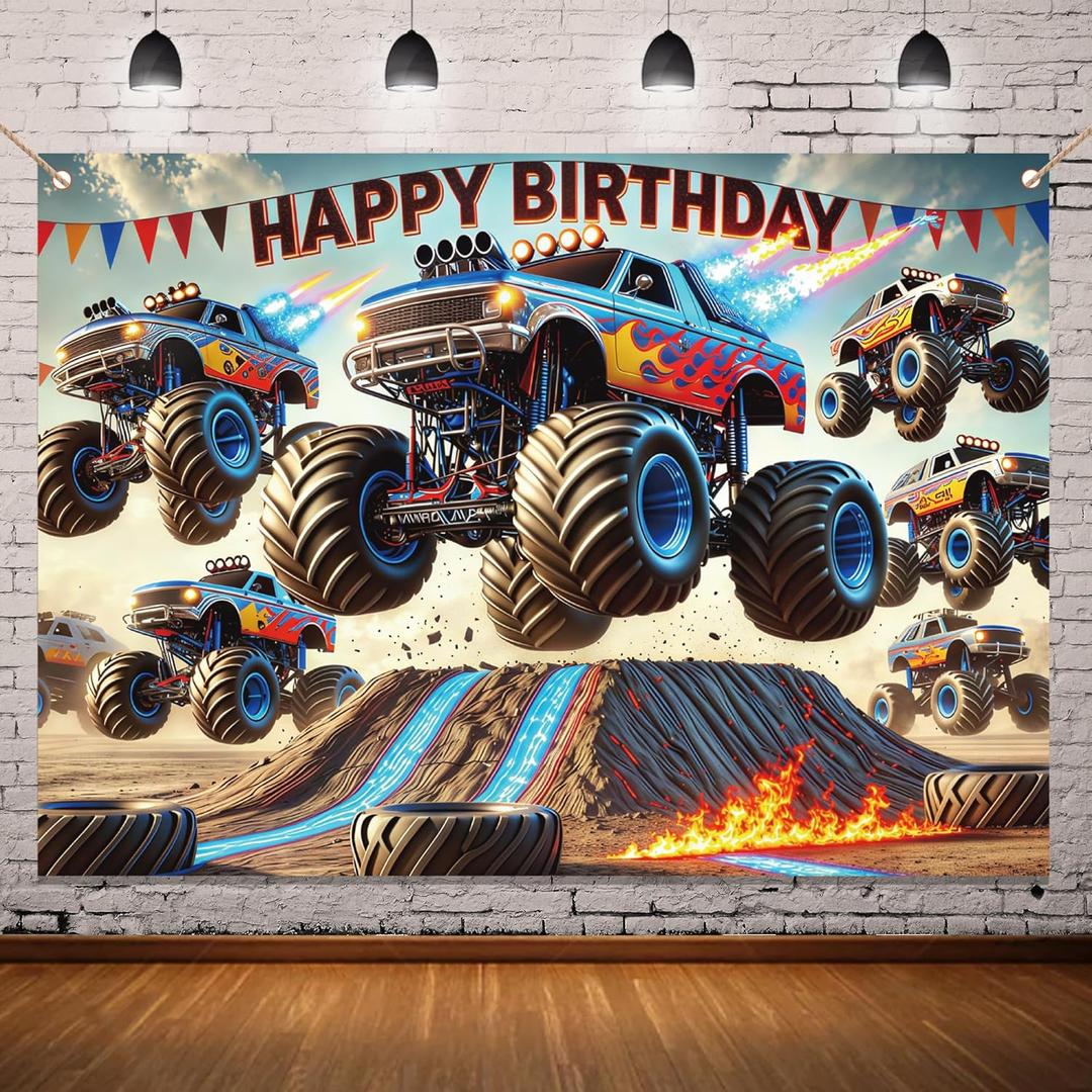 Monster Truck Backdrop 75 Ft Birthday Banner for Truck Theme Party Decorations Monster Car Photograohy Background
