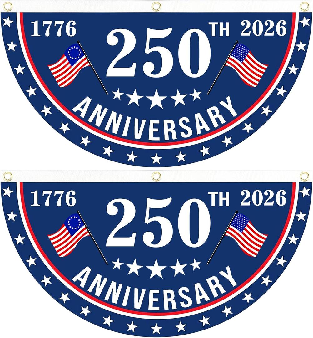 2PCS USA Anniversary 250th Flag, 1.5X3 FT Anniversary Fan Flags, Yard Signs Hanging Decor for Outdoor, Front Door, Porch, Welcome Backdrop with Brass Grommets (Style 1)