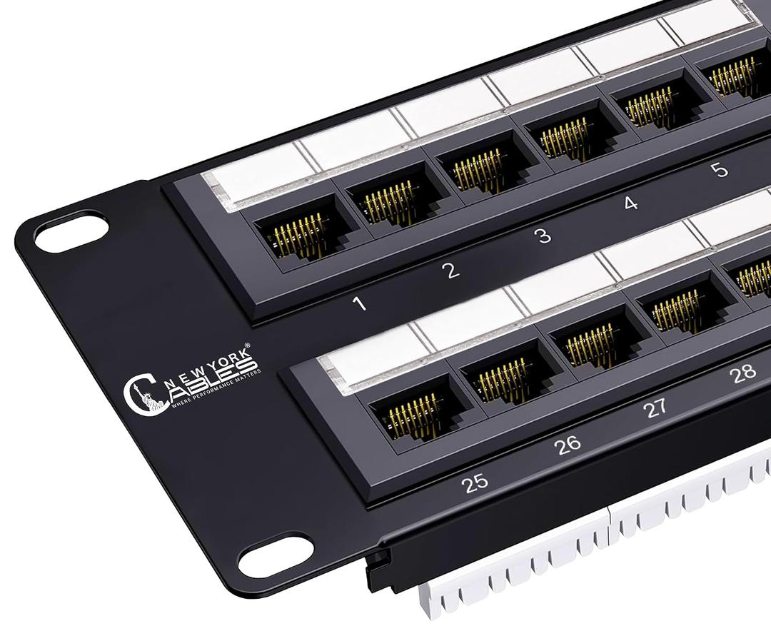 NewYork Cables 48 Port Cat6 Patch Panel, 10Gb Ethernet, 2U 19-Inch Rack or Wall Mount, UTP Network Patch Panel, Heavy-Duty Steel, Color-Coded T568A/B, 110/Krone Compatible, Black
