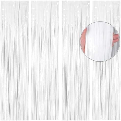 BTSD-home 4 Pack White Foil Fringe Curtains Tinsel Streamer Backdrop for Wall Archway Door Decoration Birthday Wedding White Background Gender Reveal Bachelorette Christmas Sparkle Party Supplies,Pack Of 2