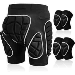 Lewtemi 3 Set Protective 3D Padded Hip EVA Short Pants Knee Pads Elbow Set Winter Protection Hip Pads Thick Non Slip Knee Sleeve Elbow Guard for Men Women Kid Ski Ice Skating (Small, Black02)