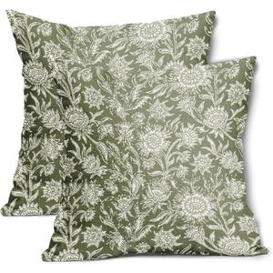 Sage Green Vintage Floral Pillow Covers 18x18 Inch Set of 2 Neutral Flower Cotton Linen Decorative Throw Pillow Case Cushion Covers for Bedroom Sofa Living Room Chair