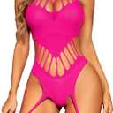 RSLOVE Women Fishnet Bodystocking Lingerie Sexy Footless Stockings Sleeveless Lace Bodysuit Halterneck One Piece Pantyhose (Neon Pink, One Size)