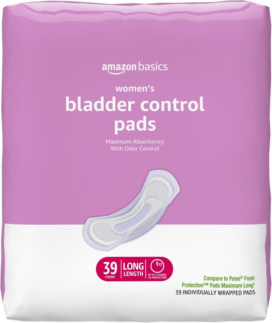 Amazon Basics Incontinence Pads for Women Long, Bladder Control, Postpartum, Maximum Absorbency, Unscented, 39 Count