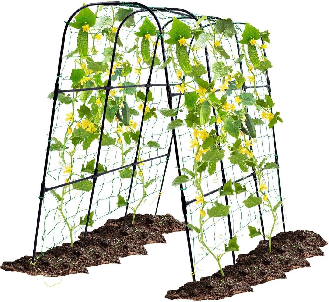 OTOSUNNY Garden Trellis for Climbing Plants Outdoor, Cucumber Trellis for Raised Bed Garden, Arch Trellis Support for Cucumbers Tomatoes Beans Peas, 50x48 inch, Metal Trellis with Netting, Black